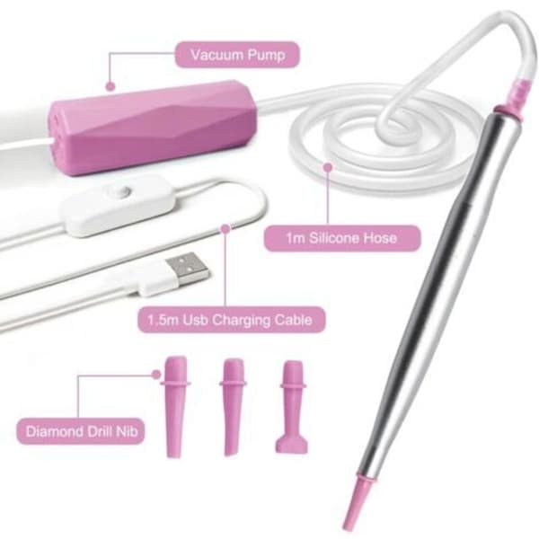 TechVizrs E-Painter Elektrisk Diamantmalerpen med 3 Sugehoveder og USB-C til Diamantkunsttilbehør (Pink)