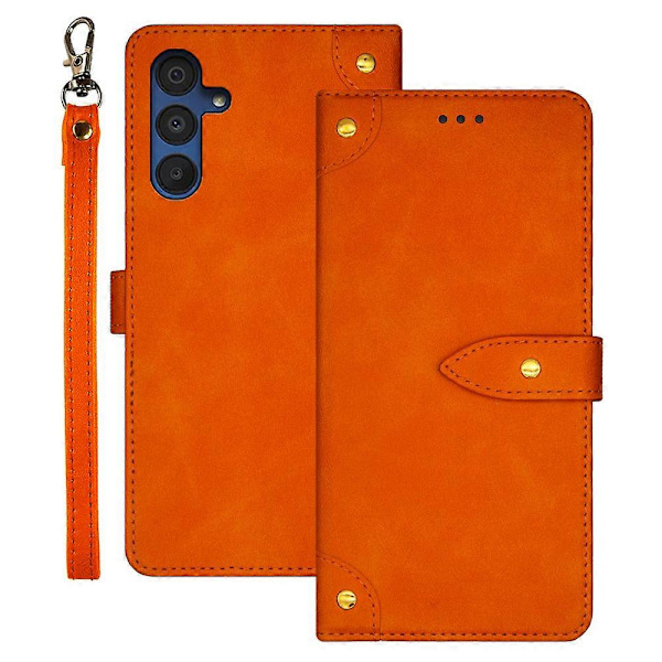 Läderfodral med stativ för Samsung Galaxy A15 5G, kortfack Orange