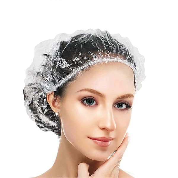 Pakke med 100 engangs, transparente dusjhetter for salong, spa, dusj [D] 44 cm