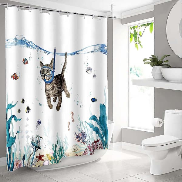 Slidstærkt polyester badeforhæng med 12 kroge, blå, 180x180cm[D]