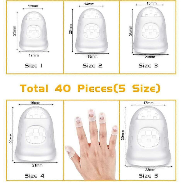 Silikon Fingerbeskyttelse for Gitar, 40 Stykker i 5 Størrelser Anti-Skli Gummi Finger