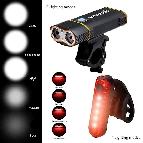Vedenkestävä etupyörän valo USB ladattava polkupyörän lamppu 4 tilaa etuohjaustangon pyöräilyvalo punaisella varoitusvalolla[D] With USB Taillight China