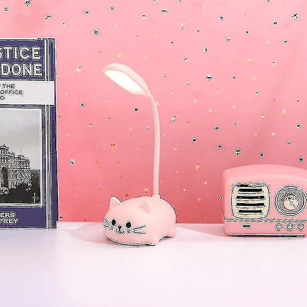 Skrivbordslampa kompatibel med barn, söt katt LED-bordslampa med flexibel arm, USB-laddningsbar bordslampa, ögonskydd, läslampa, tecknad film Kawa Pink