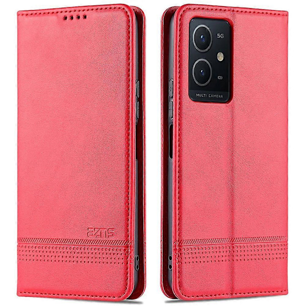 AZNS Plånboksfodral i PU-läder med magnetisk automatisk absorption för vivo Y33s 5G/Y75 5G, vikbart stativ, telefonfodral Red