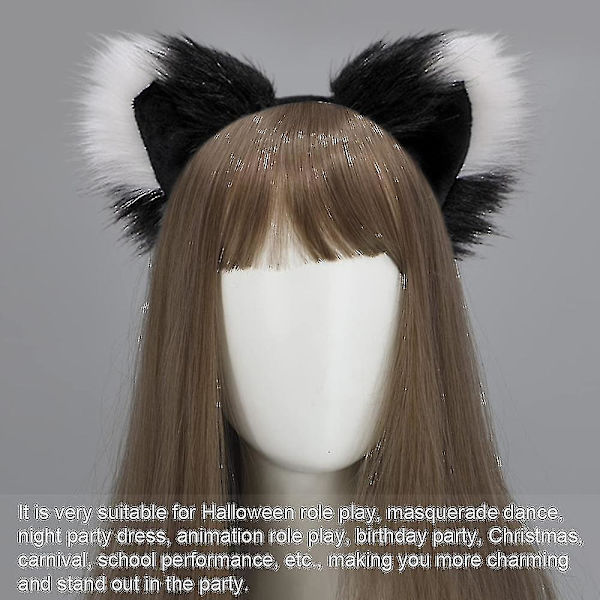 Revhale og ører, katt ulv vaskebjørn ører hale sett, dyr pels hale, ører pannebånd, halloween jul [kk] black White