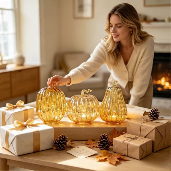 Glitterende Glassgresskar Bordlampe Med Timer, Høstdekorlys For Peis (D) c