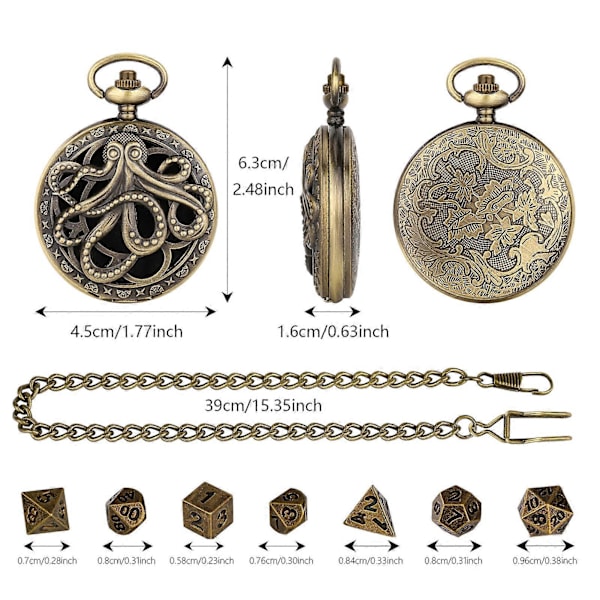 Mini DND Tärningssats Polyhedral Metalltärningar med Kedja Steampunk Växel Bläckfisk Fickur Tärningssats för Rollspel