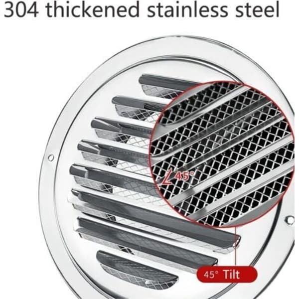 150 mm rund ventilasjonsrist i rustfritt stål med integrert myggnett. (D)