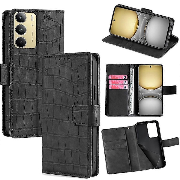 För Realme C75/Realme 14x 5G Läderfodral Plånboksställ Krokodiltextur Mobiltelefonskydd[D] Multicolor Black