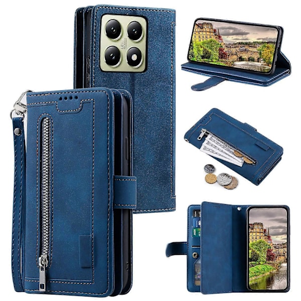 Mobilveske for Xiaomi 14T med glidelås lomme, 9 kortlommer, PU-lær klaffdeksel Multicolor Style D