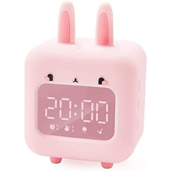 Digitaalinen kello lasten makuuhuoneessa, söpö yökello mukautetuilla soittoäänillä ja musiikin toistolla, yövalo USB-latauksella - vaaleanpunainen