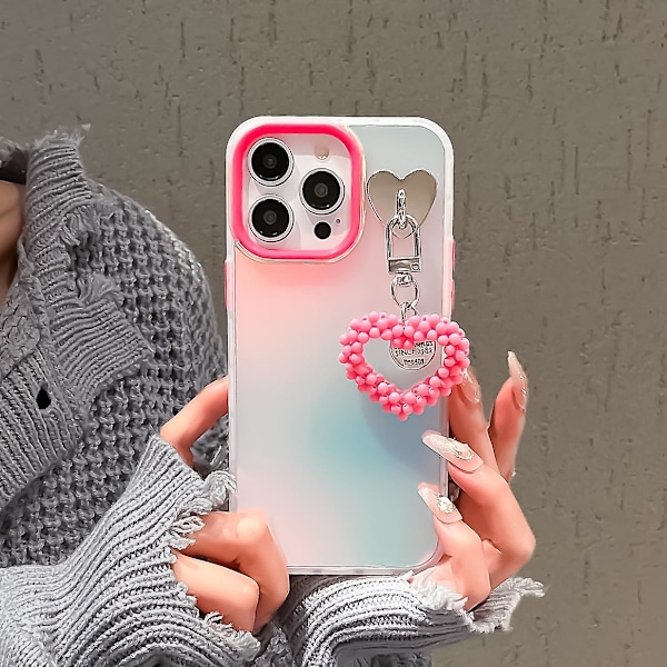 Fodral till iPhone 12/ 12 Pro med matt lasereffekt PC+TPU-telefonskal med pärlhjärthänge Rose