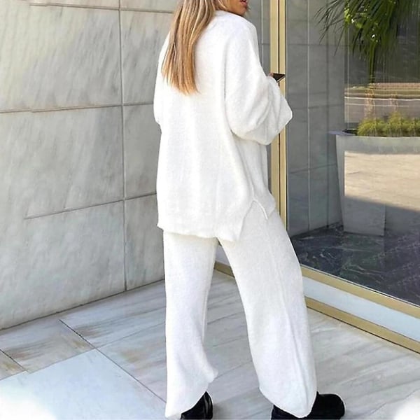 2pcs Women Plain Baggy Casual Outfits V-neck Loose T-shirt Tops Long Wide Leg Pants Trousers Set Loungewear White 3XL