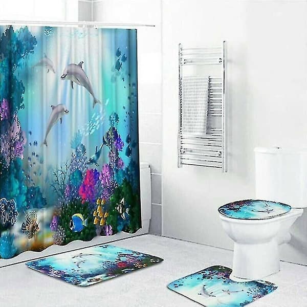 4-delt Delfin Baderomsett Dusjforheng Panel Toalettsete Deksel Badematte
