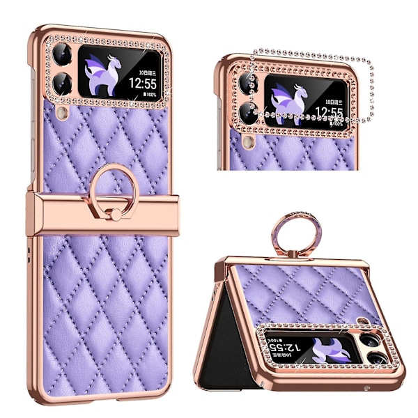 Forgylt Rhinestone-etui Kompatibelt med Samsung Galaxy Z Flip 4, PU-Lærdeksel med Hengselbeskyttelse & Ringholder Pink