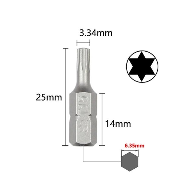10 stk elektrisk skrutrekker med korte bits og sterke magnetiske skrutrekkerbits - Torx uten hull T15
