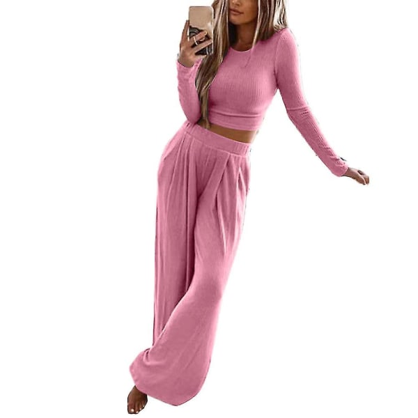 Kvinder ensfarvet langærmet outfitsæt Strikkede strikbukser Bukser med brede ben Casual Loungewear Plus Str. Pink 3XL
