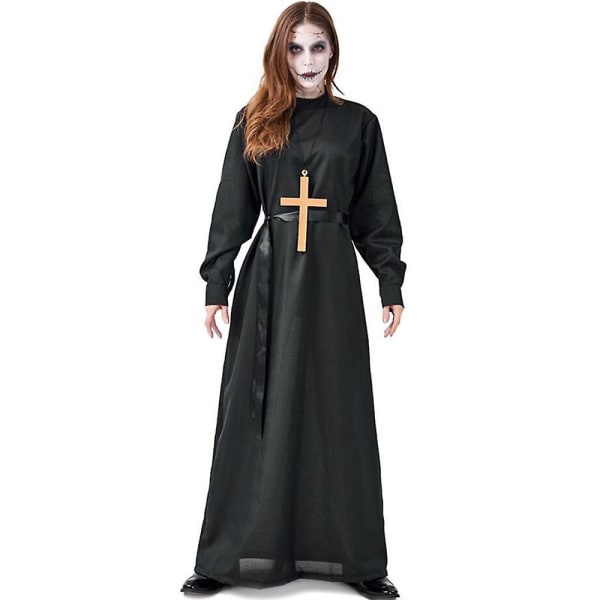 Movie The Nun Costume Cosplay Adult Long Black Scary Nuns Cross Ghost Clothes Uniform Horror Halloween Party Costume XL