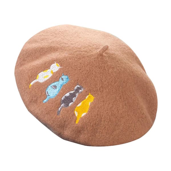 Sød Beret med Broderi af Fire Katte - Malerhat til Vinter - Et Must-have til Kvinder og Piger Red