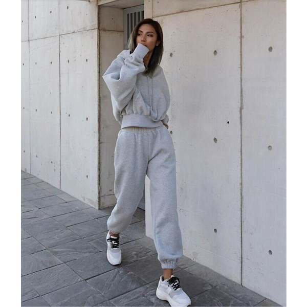 Women's 2 Piece Padded Hooded Sweatshirt Sports Casual Outfit Tracksuit Set Gray XL