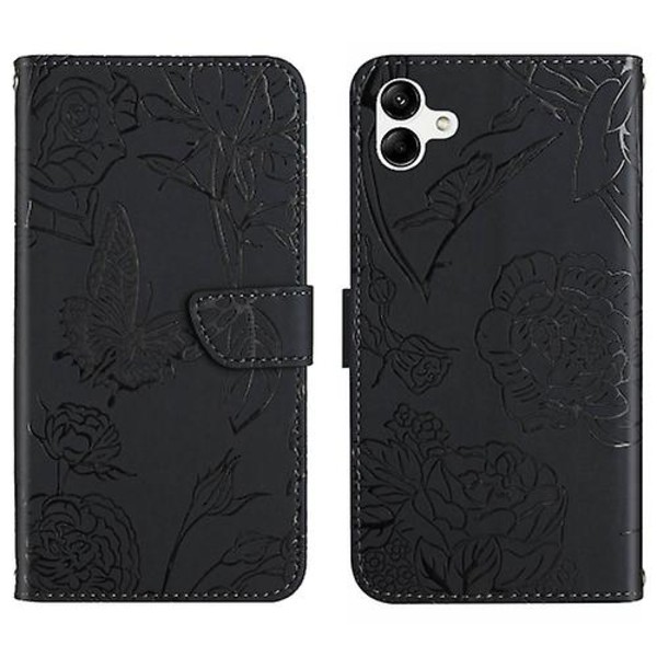 For Samsung Galaxy A05 Skin Feel Butterfly Præget Flip Læder Mobiltelefon Etui Black