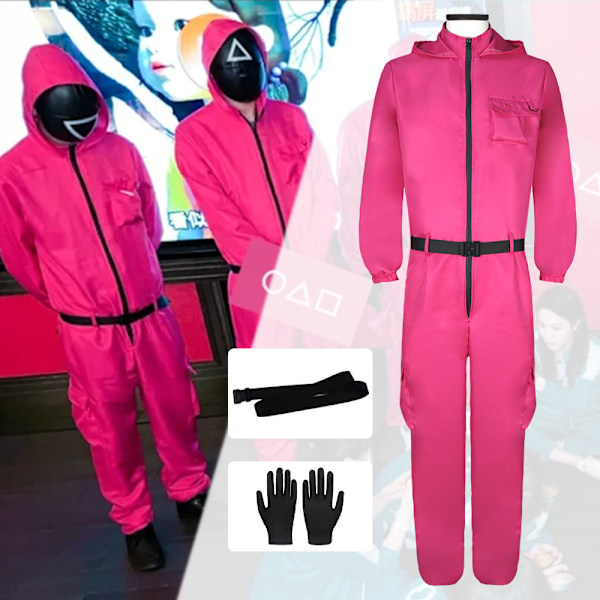 Unisex Squid Game -asu + Naamio Halloween-asu Lahja Rose red+gloves+mask+belt XL