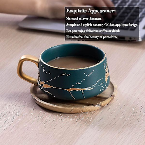 Cappuccino Kopper Med Underkopper, Porcelæn Espresso Kopper Til Te Kaffe Cappuccino, Kaffe Kopper Med Træskive - Grøn, 300 Ml