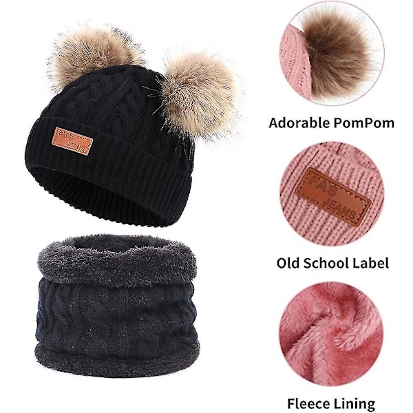 Toddler-hatt i vinterfärg med dubbla pompom-stickade mössor och halsduk i samma färg style 1