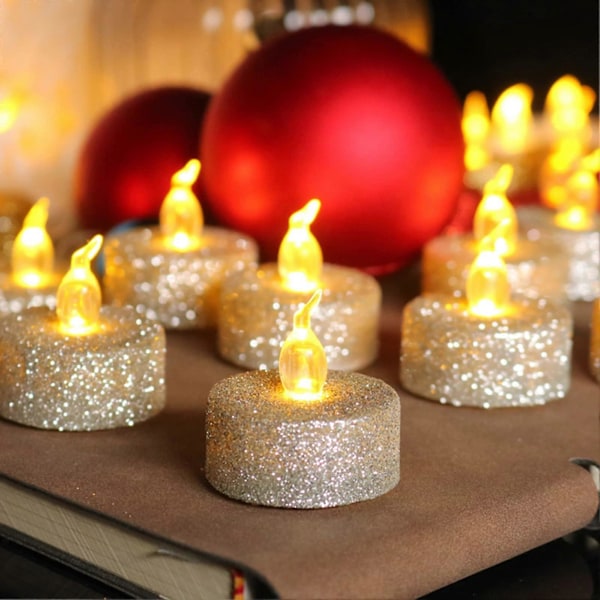 Juldekorationer, flamlösa te-ljus, rökfria, glitter, lätta, ljusa, LED-ljus, juldekoration, julklappar, guld