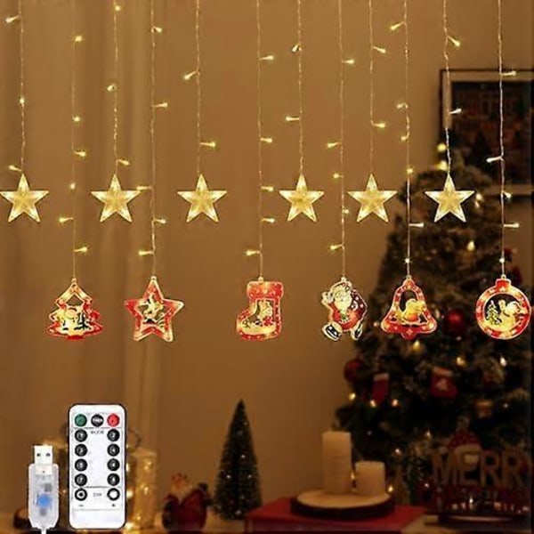 138 LED Julegardinlys, Julenissen Snømann Hengende Lyslenke med 6H Timer & 8 Moduser, USB-drevet Feelyst, Juledekorasjon fo