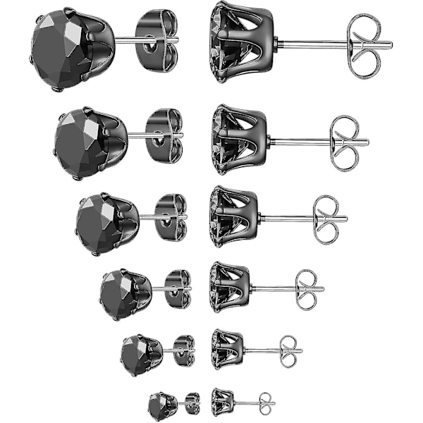 6 Par Stud Øreringe Sæt, Klar Cubic Zirconia 316l Rustfrit Stål Øreringe Til Kvinder Til Mænd 3-8mmc Sort Guld