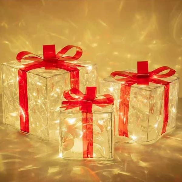 Set med 3 Julglödande Presentaskornament med Rosett Under Trädet Paket