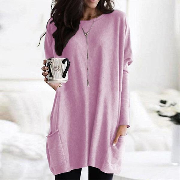 Naisten Pluskokoinen Pitkähihainen Tunikapaita Pyöreäkaulaisen Kevyt Hupunalla Casual Ylisuurinen T-paita Taskuilla (S-5X) pink 2XL