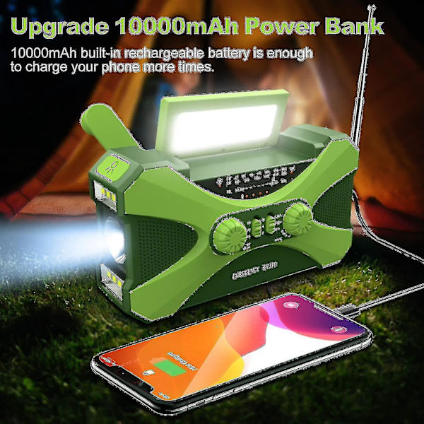 10000mAh nödradio, solcellsdriven vevradio, bärbar AM/FM/NOAA väderradio med mobiltelefonladdare ficklampa-C6 Green