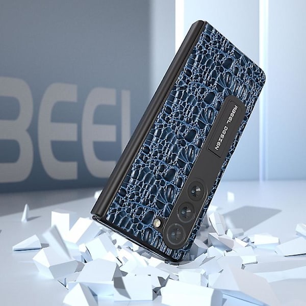 Til Samsung Galaxy Z Fold5 Abeel Integreret Ægte Læder Sky Series Mobiltelefon Etui Med Holder Blue