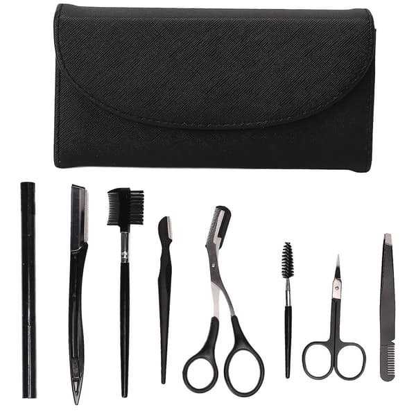 Øjenbryn Styling Kit - 8 stk. Rustfrit Stål Skønhedsværktøjer, Sort, Rustfri, med Opbevaringspose