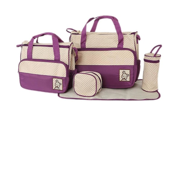 Viisiosainen Mummy Bag vaippalaukku Monitoiminen matka-vedenpitävä muumiolaukku, äitiyslaukut, joissa on suuri kapasiteetti ja useita taskuja A916-01 Purple