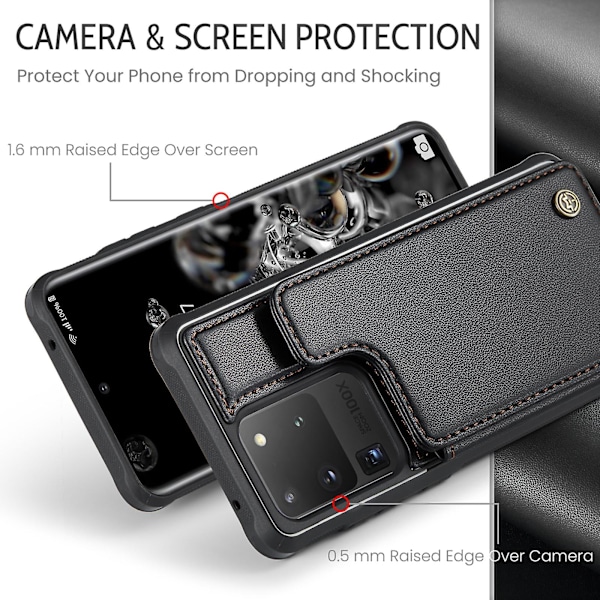 CASEME C22 Serie til Samsung Galaxy S20 Ultra Etui Læder+TPU Telefon Cover med 5 Kortpladser Black