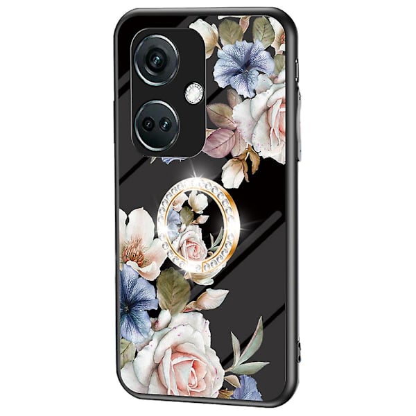 OnePlus Nord CE3 5G Fodral Blommönster Härdat Glas Kickstand Telefonskal Black Flower Bush