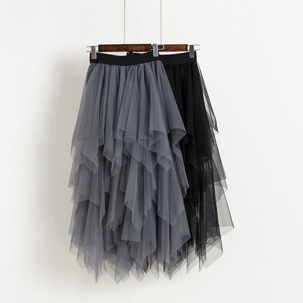 Irregular mesh splicing mid-length solid color skirt Navy blue