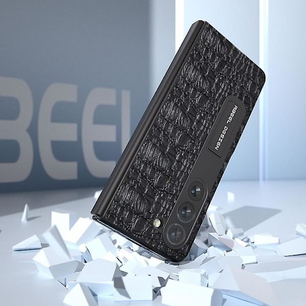 Til Samsung Galaxy Z Fold5 Abeel Integreret Ægte Læder Sky Series Mobiltelefon Etui Med Holder Black