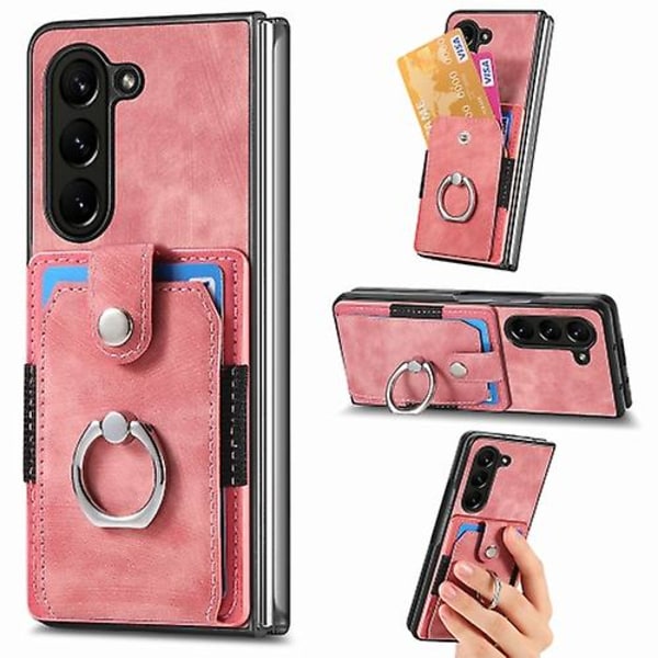 Retro Skin-känsla Ring Multi-kort Plånbok Mobiltelefonfodral för Samsung Galaxy Z Fold5 5g Pink