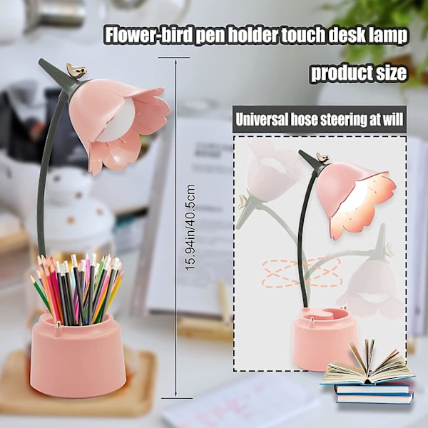 1 stk LED skrivebordslampe Barneleselampe med pennholder Dimbar Rosa Pink