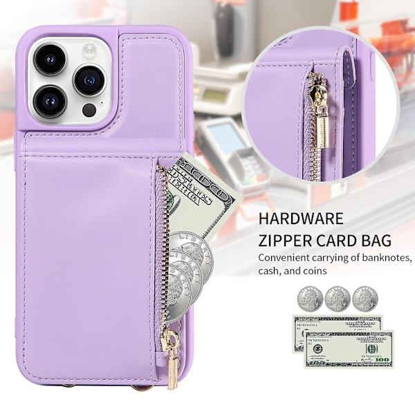 For Iphone 15 Pro Etui Fallsikkert Pu+tpu Støttefot Glidelås Lommetelefonbeskytter Purple