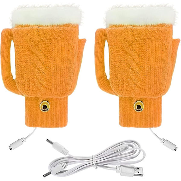 Varmhållande USB-handskar för kvinnor & män - Stickade, hela & halva fingrar, värmande utan fingrar med knapp, tvättbar design_as yellow