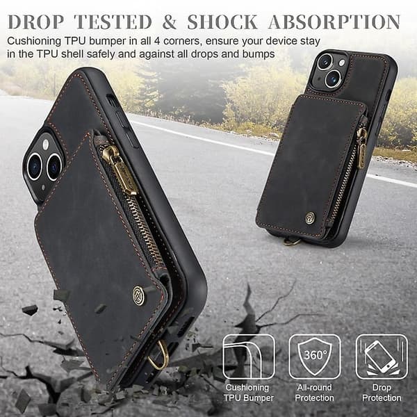 Caseme C20 Multifunktionellt RFID Läder Mobilskal för Iphone 15 Black 15 Pro