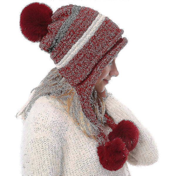 Naisten perulainen korvaläpällinen pipohattu neulottu pom pom talvi lumisade hiihtohattu dark red