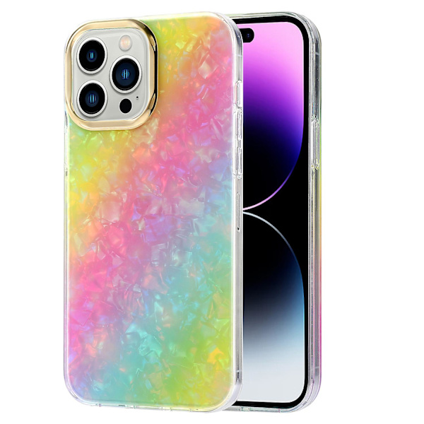 Til iPhone 14 Pro Etui IMD Mønster PC+TPU Telefon Cover med Elektroplettering Linse Ramme Y1 Rainbow
