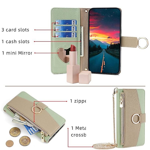 Xiaomi Redmi Note 13 Pro 5G/ Poco X6 5G:lle sopiva crossbody-puhelintasku vetoketjutaskulla ja meikkitapelilla Green