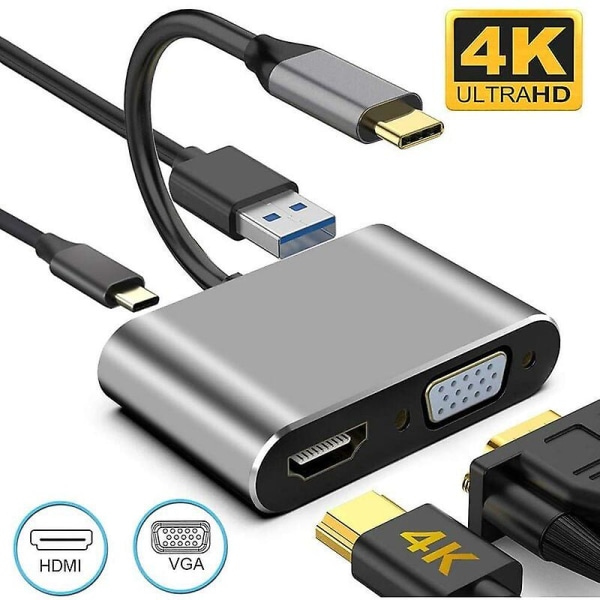 Type-c Til HDMI Og Vga Og Usb Og Pd , 4 I 1 Type C Til Vga HDMI 4k Uhd Usb3.0 Og Pd3.0 Hub, Usb C Adapter For Macbook Pro/imac/air Chromebook Pixel